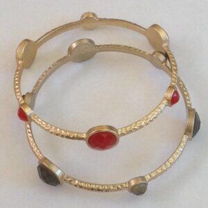 Gold Tone Red Gray Jewel Around Bangle 2 Stackable Multicolor Festival Casual